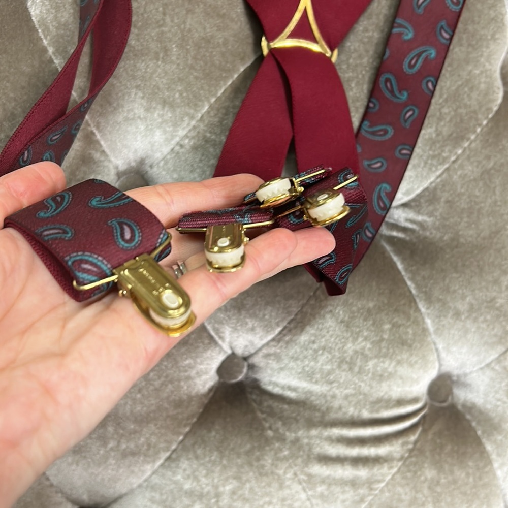 Vintage Made in Germany paisley print gold burgundy adjustable suspenders - Picture 4 of 7